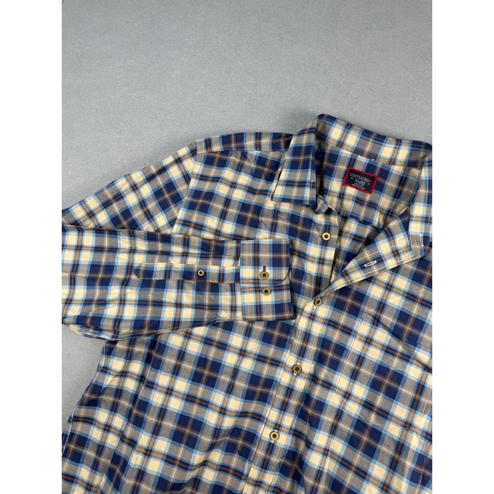 UNTUCKit Mens XL Blue‎ Tan Plaid Wrinkle Free Cotton Long Sleeve Button Down